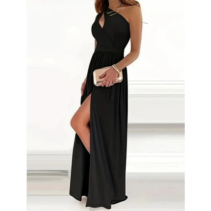 Kadın Omuzlardan Açık Asimetrik Yaka Detaylı Yırtmaçlı Maksi Boy Janjan Krep Elbise