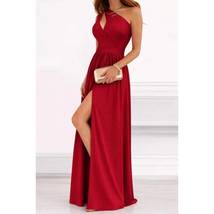 Kadın Omuzlardan Açık Asimetrik Yaka Detaylı Yırtmaçlı Maksi Boy Janjan Krep Elbise