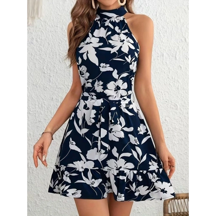 Kadın Omuzlardan Açık Balıkçı Yakalı Kuşaklı Desenli Kısa Süprem Elbise