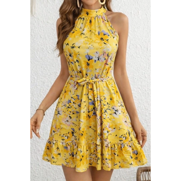 Kadın Omuzlardan Açık Balıkçı Yakalı Kuşaklı Desenli Kısa Süprem Elbise