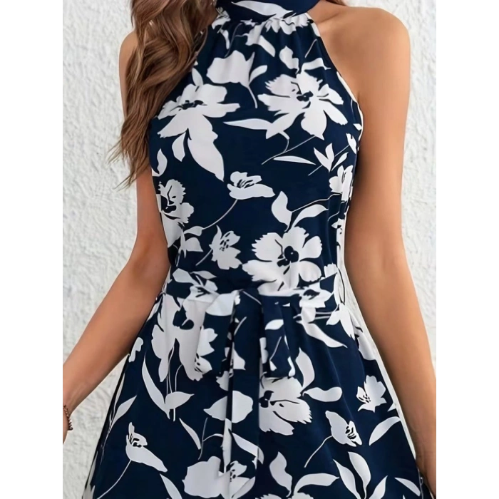 Kadın Omuzlardan Açık Balıkçı Yakalı Kuşaklı Desenli Kısa Süprem Elbise