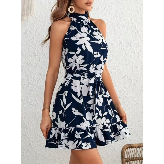 Kadın Omuzlardan Açık Balıkçı Yakalı Kuşaklı Desenli Kısa Süprem Elbise