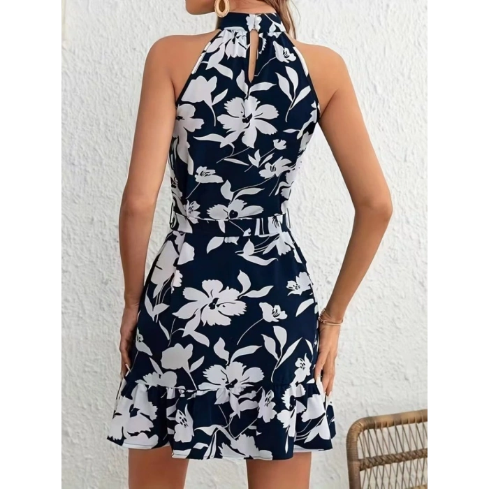 Kadın Omuzlardan Açık Balıkçı Yakalı Kuşaklı Desenli Kısa Süprem Elbise