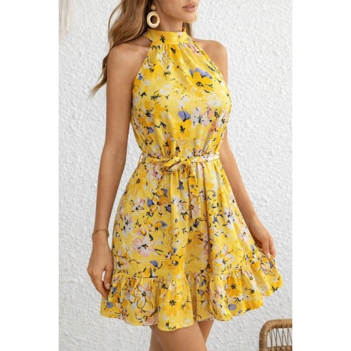 Kadın Omuzlardan Açık Balıkçı Yakalı Kuşaklı Desenli Kısa Süprem Elbise