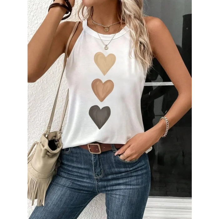 Kadın Omuzlardan Açık Boyundan Askılı Kalp Baskılı Viskon Bluz