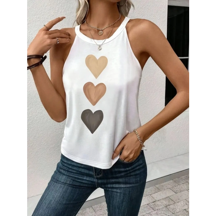 Kadın Omuzlardan Açık Boyundan Askılı Kalp Baskılı Viskon Bluz