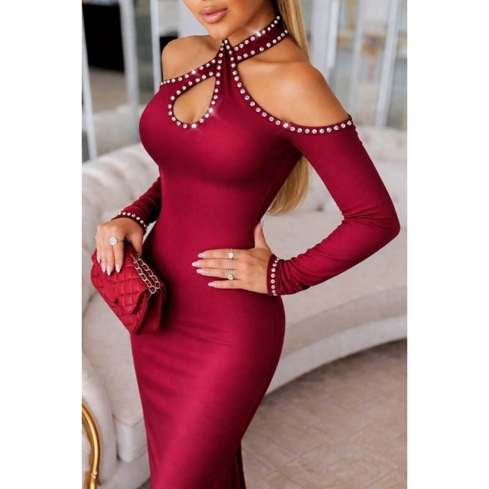 Kadın Omuzlardan Açık Boyundan Geçmeli Damla Detaylı Taşlı Midi Dalgıç Elbise