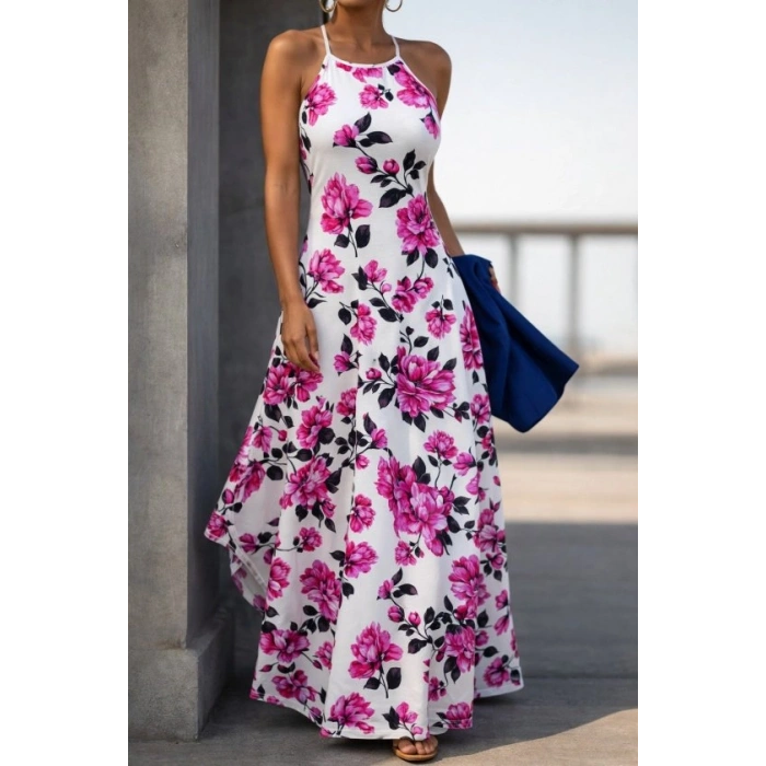 Kadın Omuzlardan Açık Ip Askılı Desenli Uzun Süprem Elbise