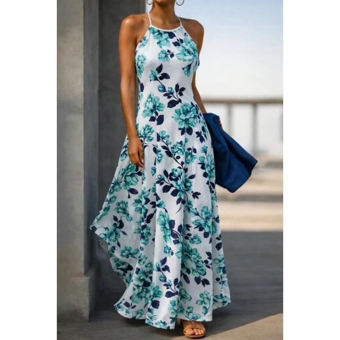 Kadın Omuzlardan Açık Ip Askılı Desenli Uzun Süprem Elbise