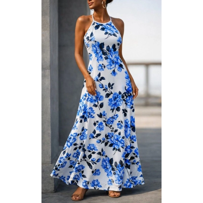 Kadın Omuzlardan Açık Ip Askılı Desenli Uzun Süprem Elbise