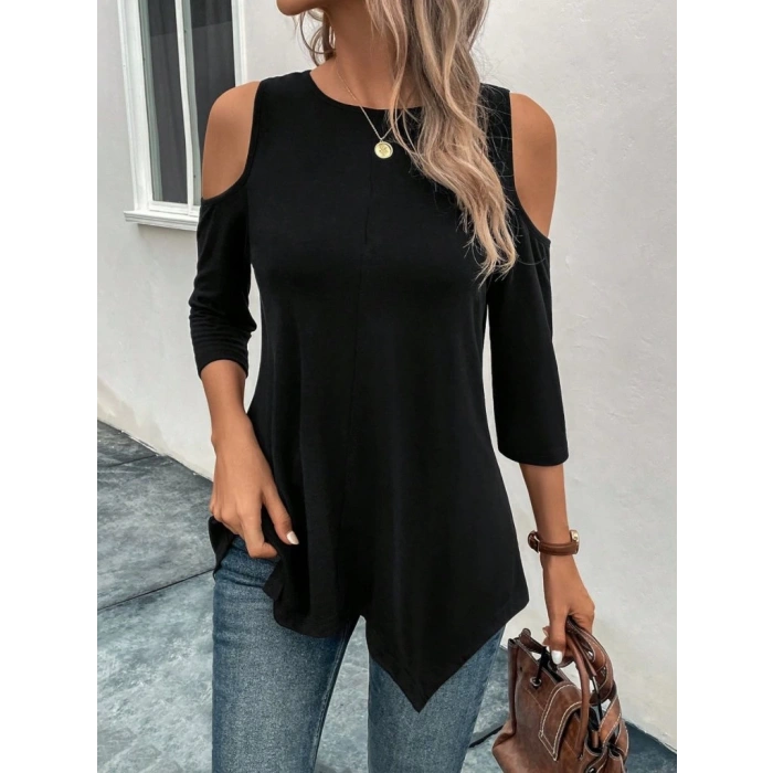 Kadın Omuzlardan Açık Sıfır Yaka Asimetrik Kesim Detay Viskon Bluz