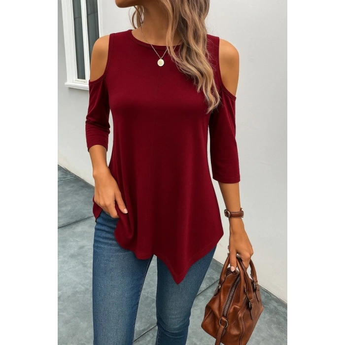 Kadın Omuzlardan Açık Sıfır Yaka Asimetrik Kesim Detay Viskon Bluz