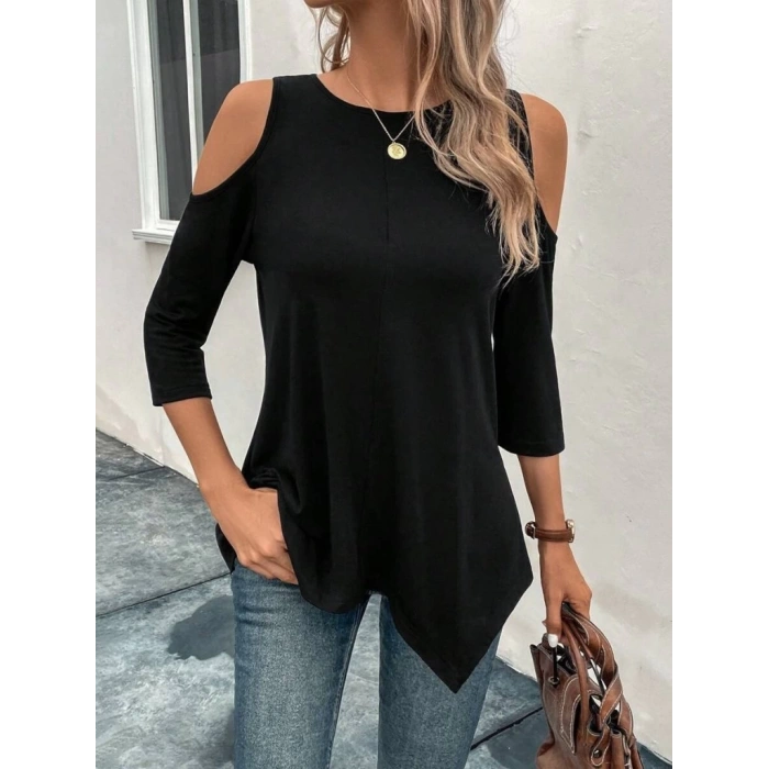 Kadın Omuzlardan Açık Sıfır Yaka Asimetrik Kesim Detay Viskon Bluz