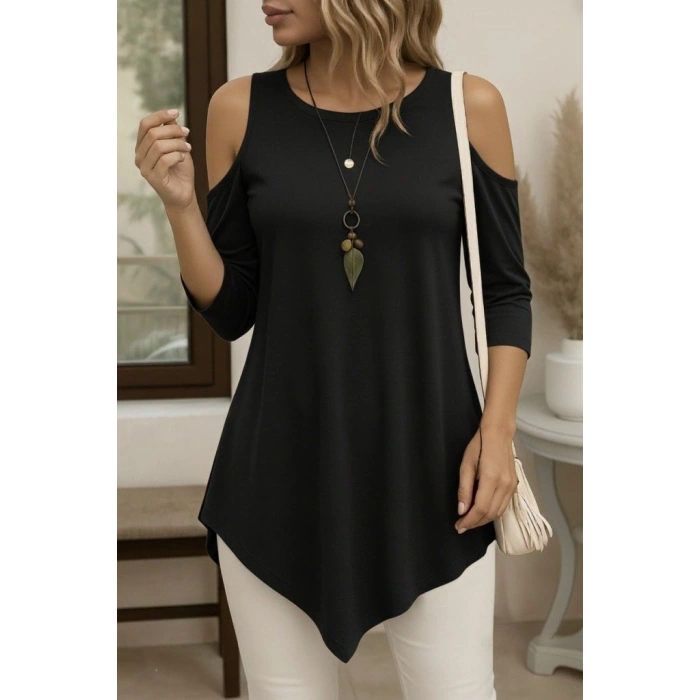 Kadın Omuzlardan Açık Sıfır Yaka Asimetrik Kesim Detay Viskon Bluz