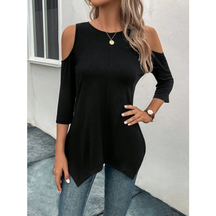 Kadın Omuzlardan Açık Sıfır Yaka Asimetrik Kesim Detay Viskon Bluz