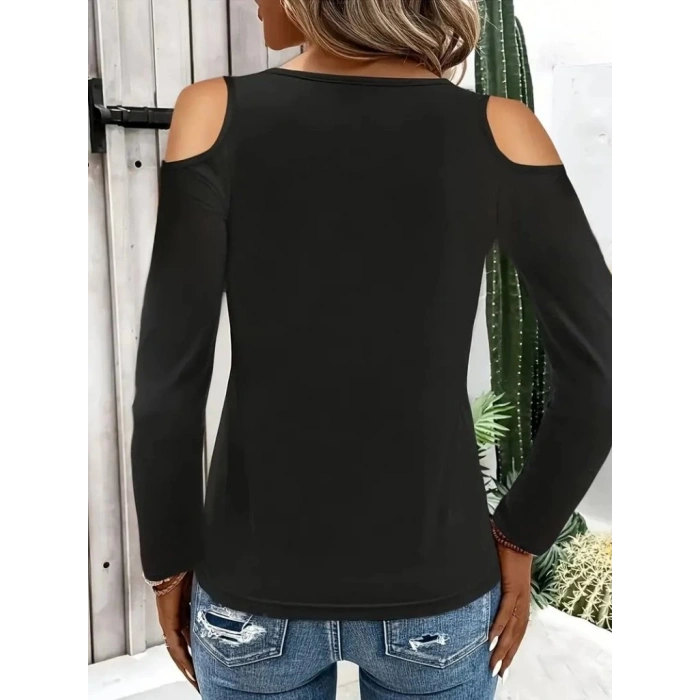 Kadın Omuzlardan Açık Uzun Kollu Yakadan Halka şerit Detaylı Viskon Bluz