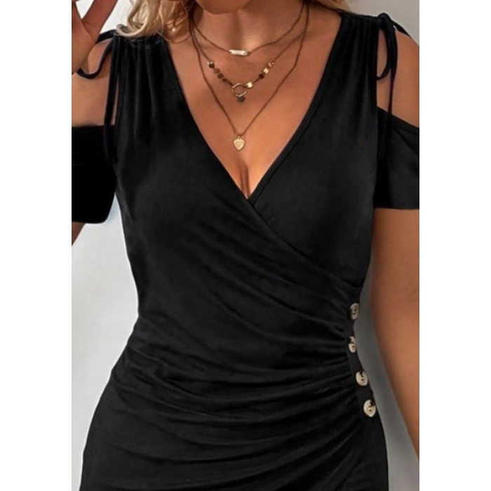 Kadın Omuzlardan Açık V Yakalı Kısa Kollu Yanlardan Büzgülü Düğme Detaylı Janjan Krep Elbise