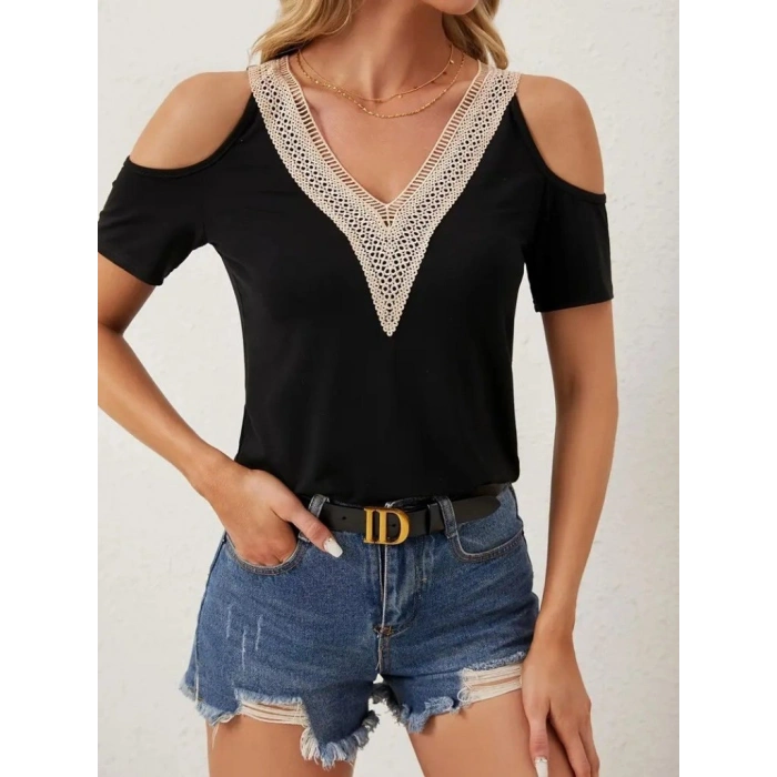 Kadın Omuzlardan Açık V Yakalı Viskon Bluz