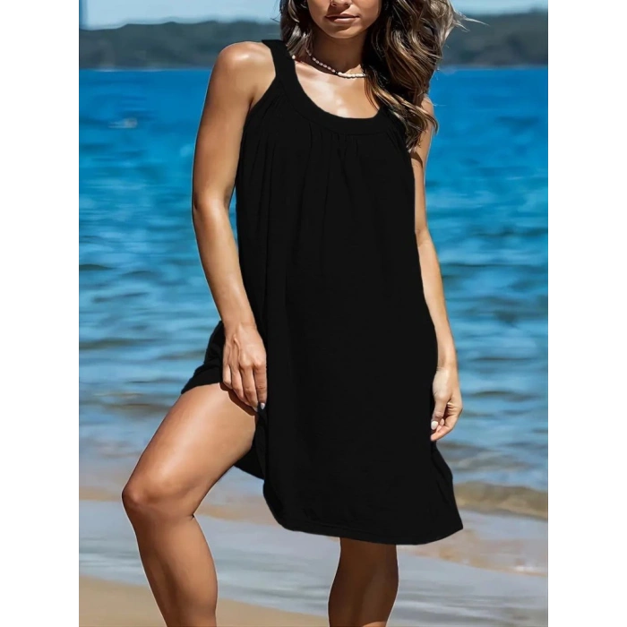 Kadın Omuzlardan Açık Yuvarlak Yaka Pileli Viskon Elbise