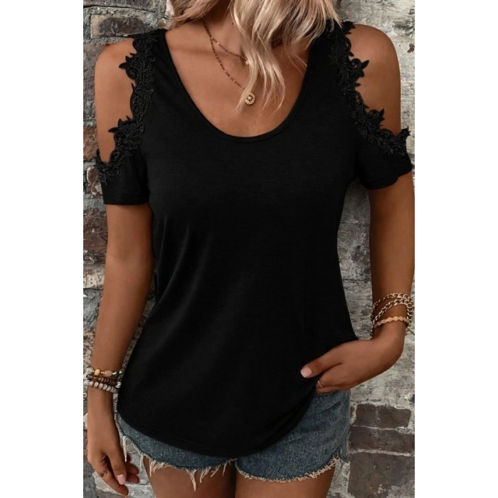 Kadın Omuzlardan Açık Yuvarlak Yakalı Viskon Bluz