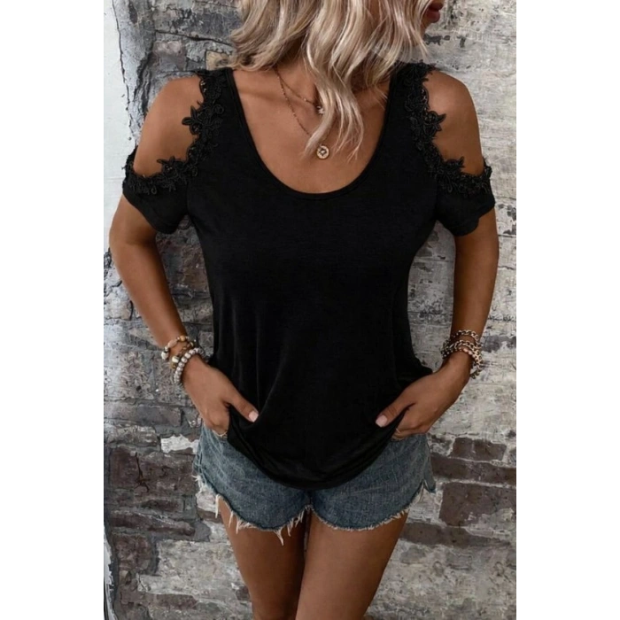 Kadın Omuzlardan Açık Yuvarlak Yakalı Viskon Bluz