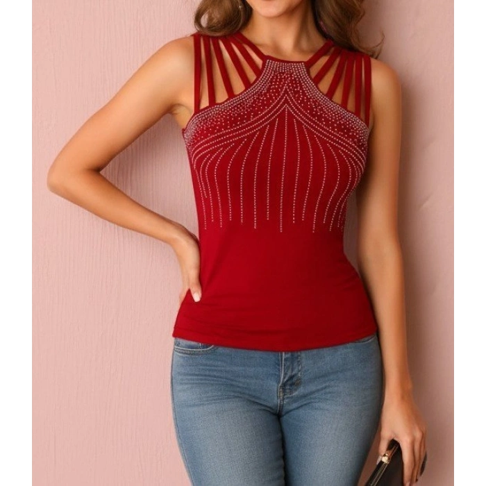 Kadın Omuzlardan Askı şerit Detaylı Taşlı Viskon Bluz