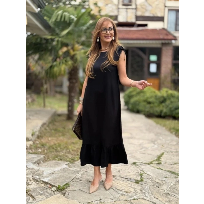 Kadın Omuzlardan Büzgülü Kayık Yaka Fırfırlı Janjan Krep Elbise