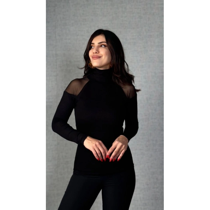 Kadın Omuzları Tül Balıkçı Yaka Viskon Kumaş Bluz