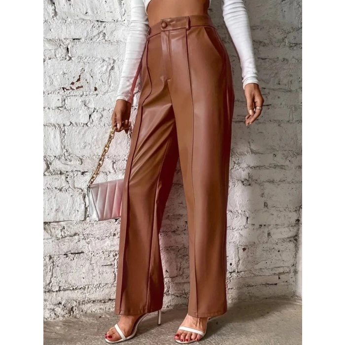 Kadın önden Fermuarlı Cepli Geniş Kesim Lame Deri Pantolon