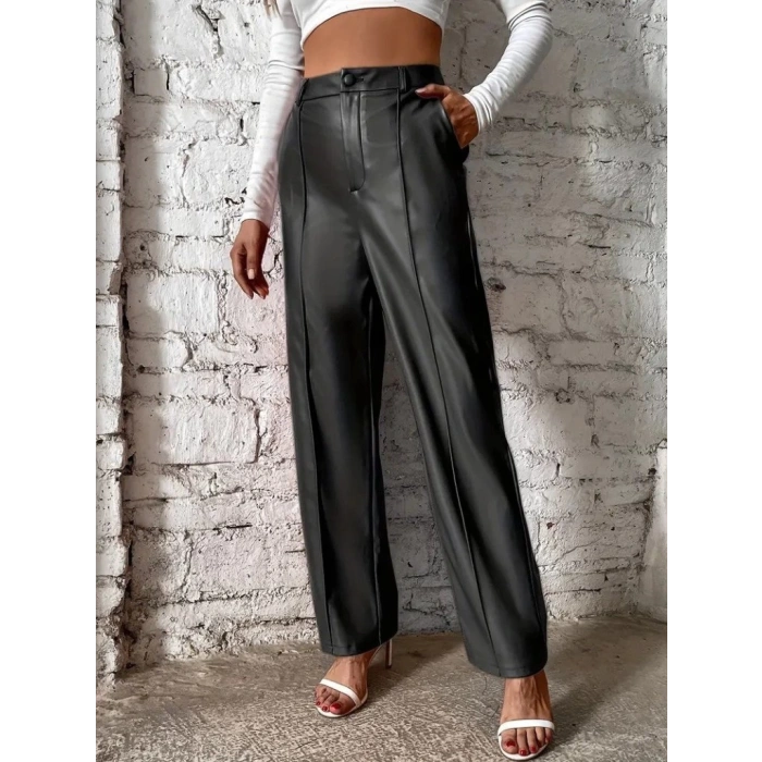 Kadın önden Fermuarlı Cepli Geniş Kesim Lame Deri Pantolon