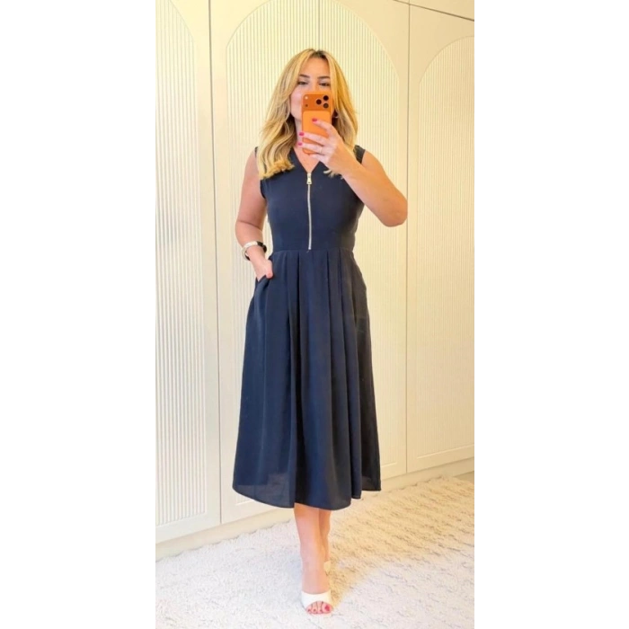 Kadın önü Fermuar Detaylı Pileli Midi Boy Elbise