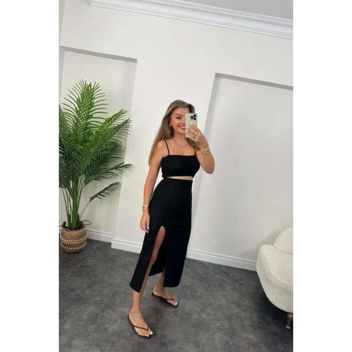 Kadın Ottoman Kumaş Likralı Midi Boy Kalem Etek Siyah