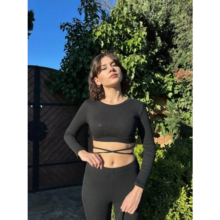 Kadın Paçası Yırtmaç Detaylı Taşlı Bel Bağlamalı Kaşkorse İkili Takım