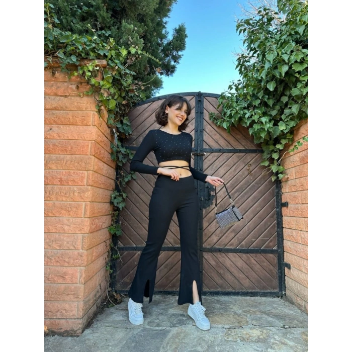 Kadın Paçası Yırtmaç Detaylı Taşlı Bel Bağlamalı Kaşkorse İkili Takım