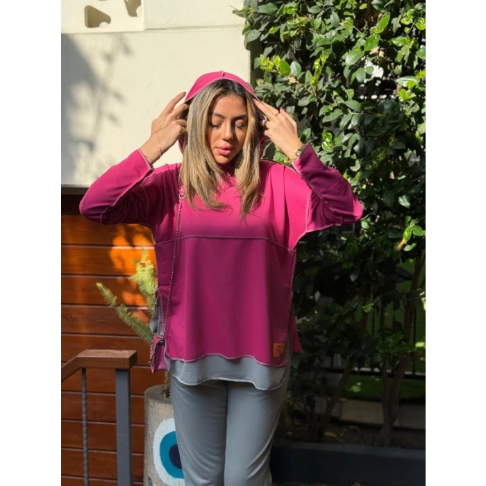 Kadın Pembe Kapşonlu Etek Ucu Detay Arma Ters Dikiş Gorunumlu Ikili Takım