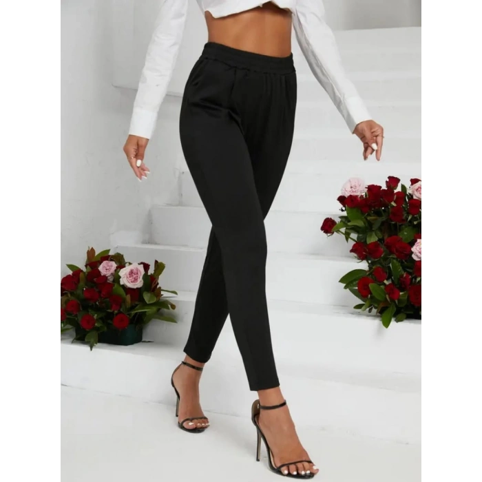 Kadın Pile Detay Beli Lastikli Günlük Slim Fit Viskon Iki Iplik Pantolon