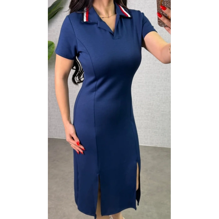 Kadın Polo Yaka çift Yırtmaç Detay Modal Kumaş Midi Boy Elbise