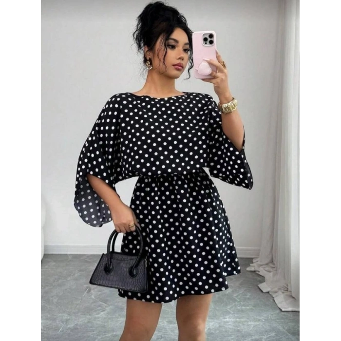 Kadın Puantiyeli örme Krep Mini Elbise (kemersiz)