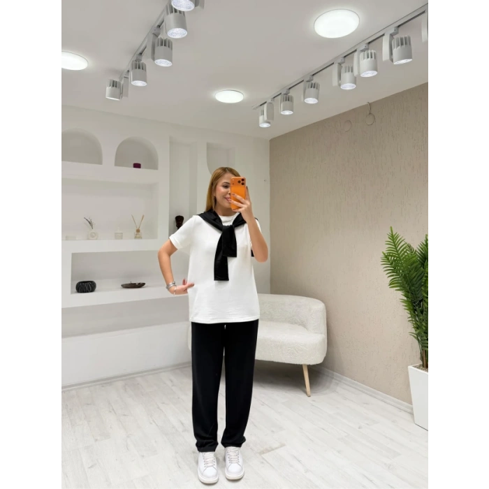 Kadın şal Dahil Bisiklet Yaka Bluz Ve Pantolon üçlü Takım