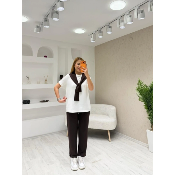 Kadın şal Dahil Bisiklet Yaka Bluz Ve Pantolon üçlü Takım