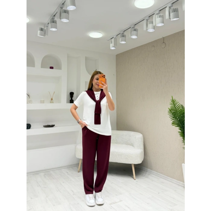 Kadın şal Dahil Bisiklet Yaka Bluz Ve Pantolon üçlü Takım