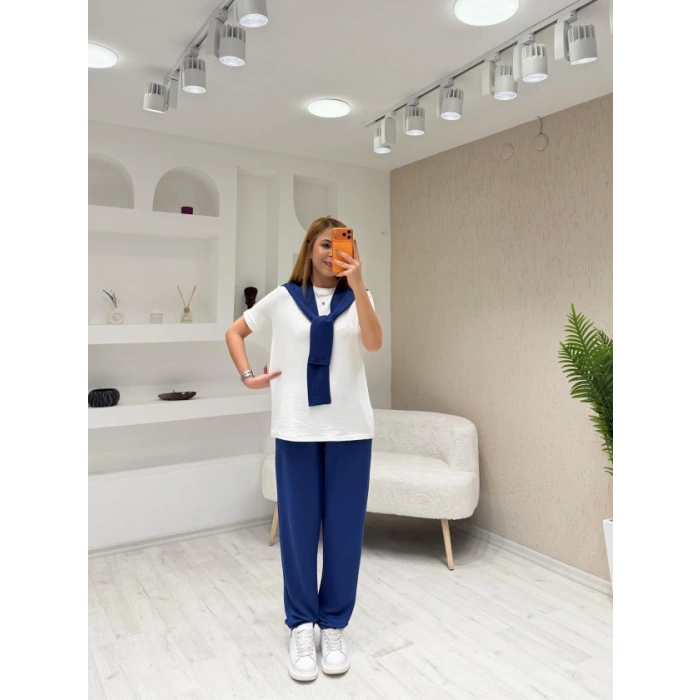 Kadın şal Dahil Bisiklet Yaka Bluz Ve Pantolon üçlü Takım