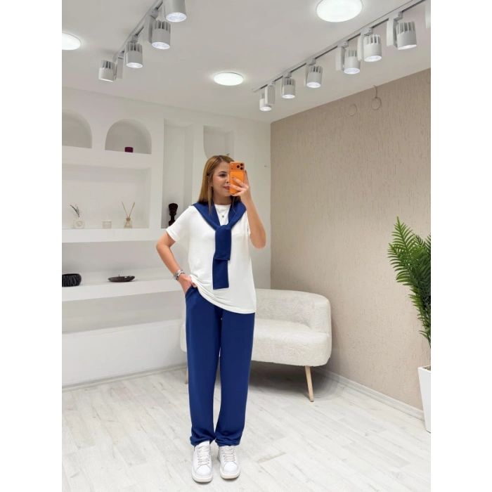 Kadın şal Dahil Bisiklet Yaka Bluz Ve Pantolon üçlü Takım