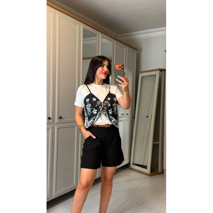 Kadın şal Desen Detay Bluz Ve Keten şort Ikili Takım
