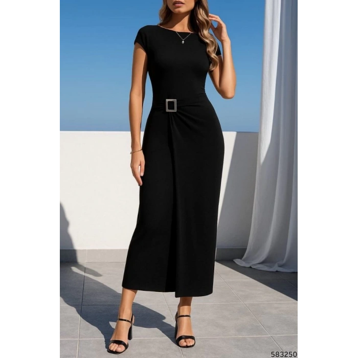 Kadın Sandy Kumaş Metal Toka Detaylı Midi Boy Elbise