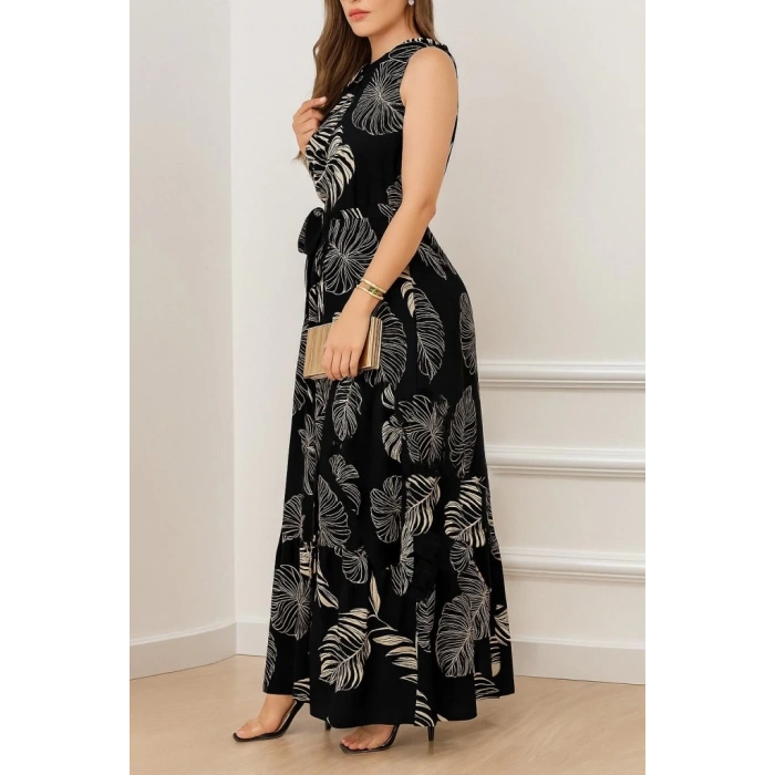 Kadın Sıfır Kok Bağcıklı Kemerli Etek Ucu Fırfırlı Desenli Süprem Elbise