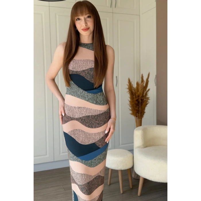 Kadın Sıfır Kol Sıfır Yaka Drape Detaylı Midi Janjan Dalgıç Elbise