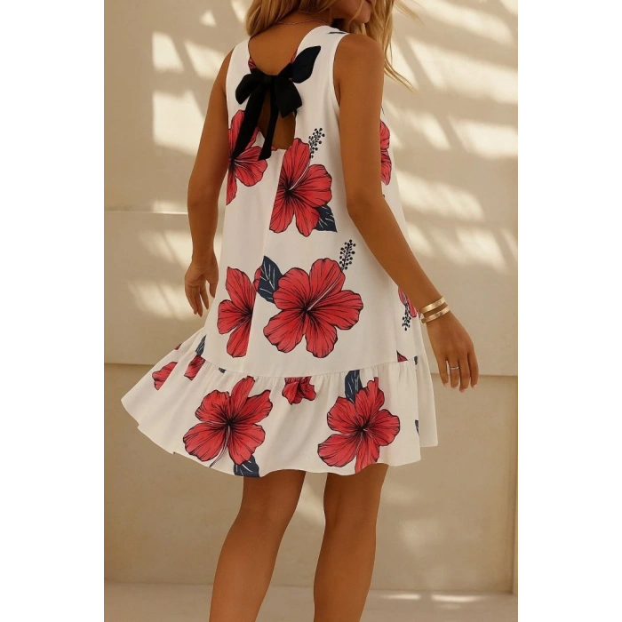 Kadın Sıfır Kol Sırttan Bağlamalı Fırfırlı çiçek Desenli Süprem Elbise