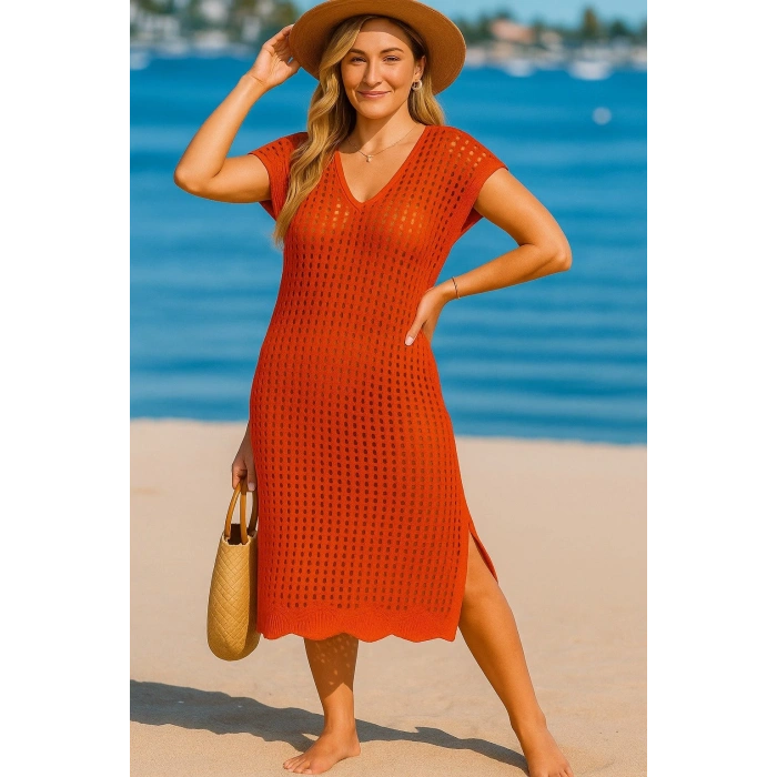 Kadın Sıfır Kol V Yaka Yanı Derin Yırtmaçlı Midi Boy Triko Elbise