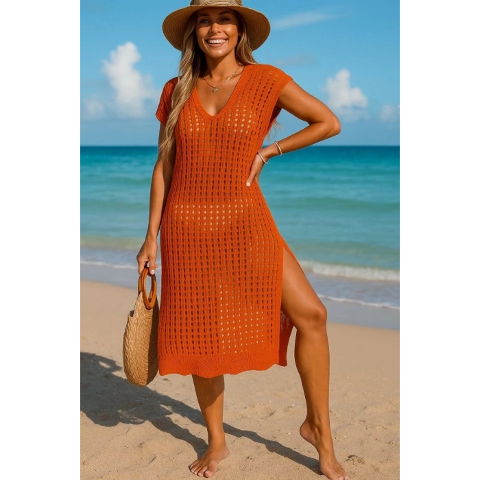 Kadın Sıfır Kol V Yaka Yanı Derin Yırtmaçlı Midi Boy Triko Elbise